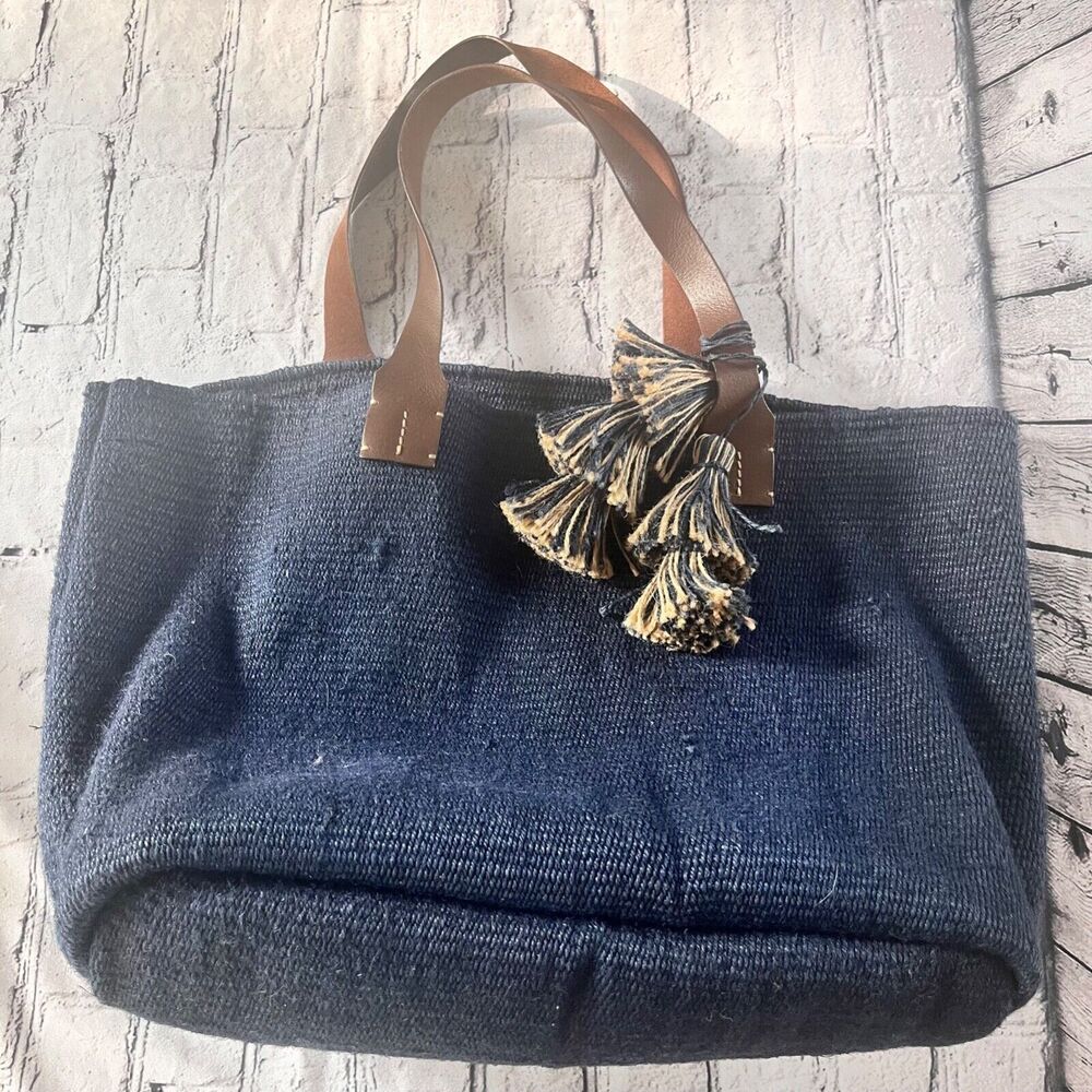 J. Jill Navy Jute Bag Tote Tasseled Leather Double Handles Preppy Beach Travel